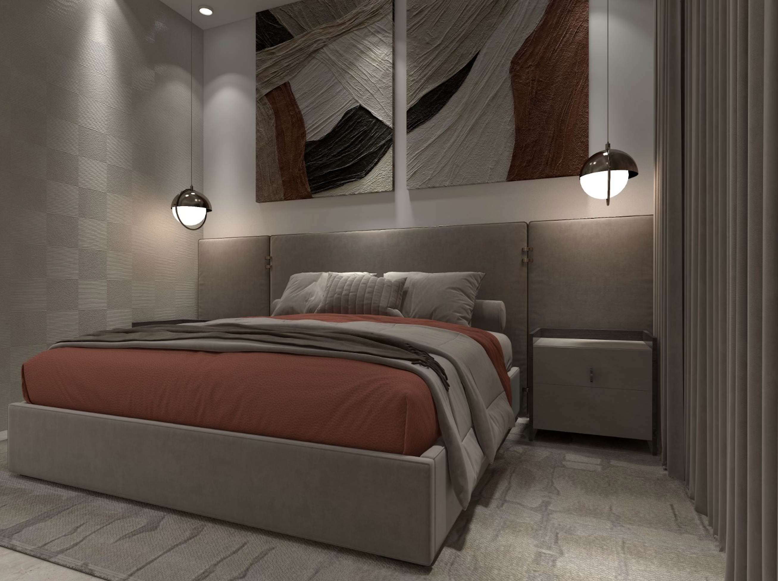 Deluxe 2-Bedroom - Luxurious bedroom with upholstered headboard and elegant design